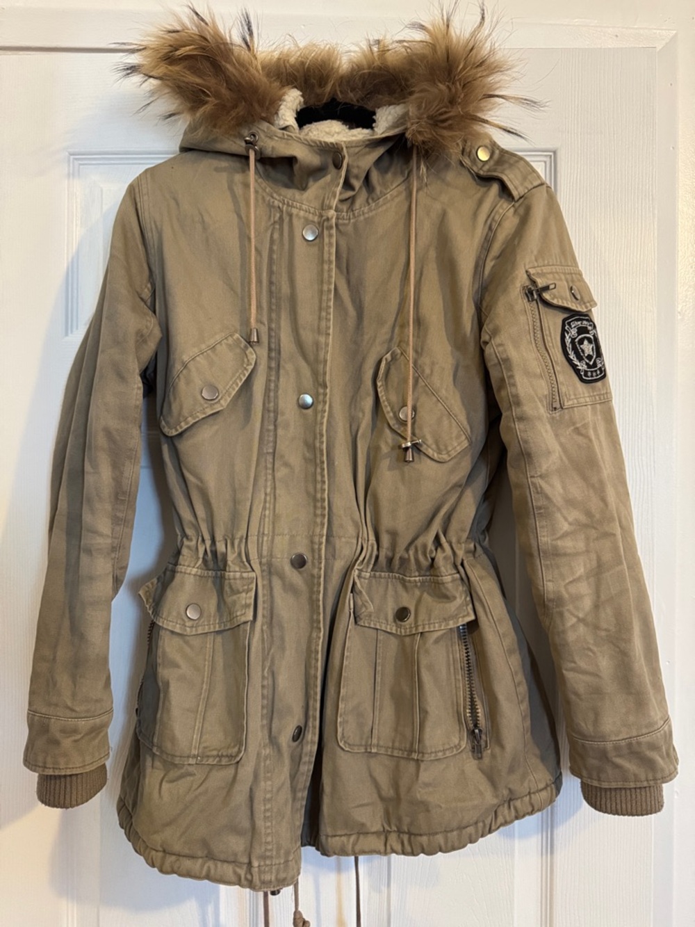 Women's Tan Utility Parka Jacket with Real Fur Hood